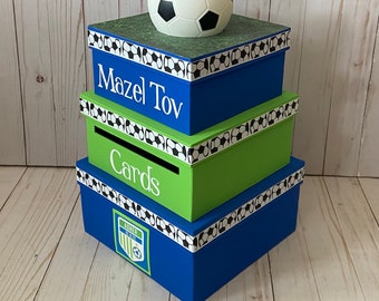 Caja de tarjetas personalizada, Bar Mitzvah, Cumpleaños de niños, 3 niveles, Titular de la tarjeta, Cuadrado, Tema de fútbol