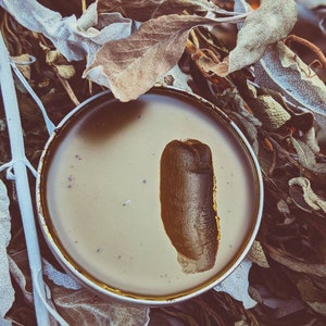May include: A small, round container of brown balm with a single, thick, brown finger-shaped mark in the centre. The container is sitting on a bed of dried, light brown leaves.