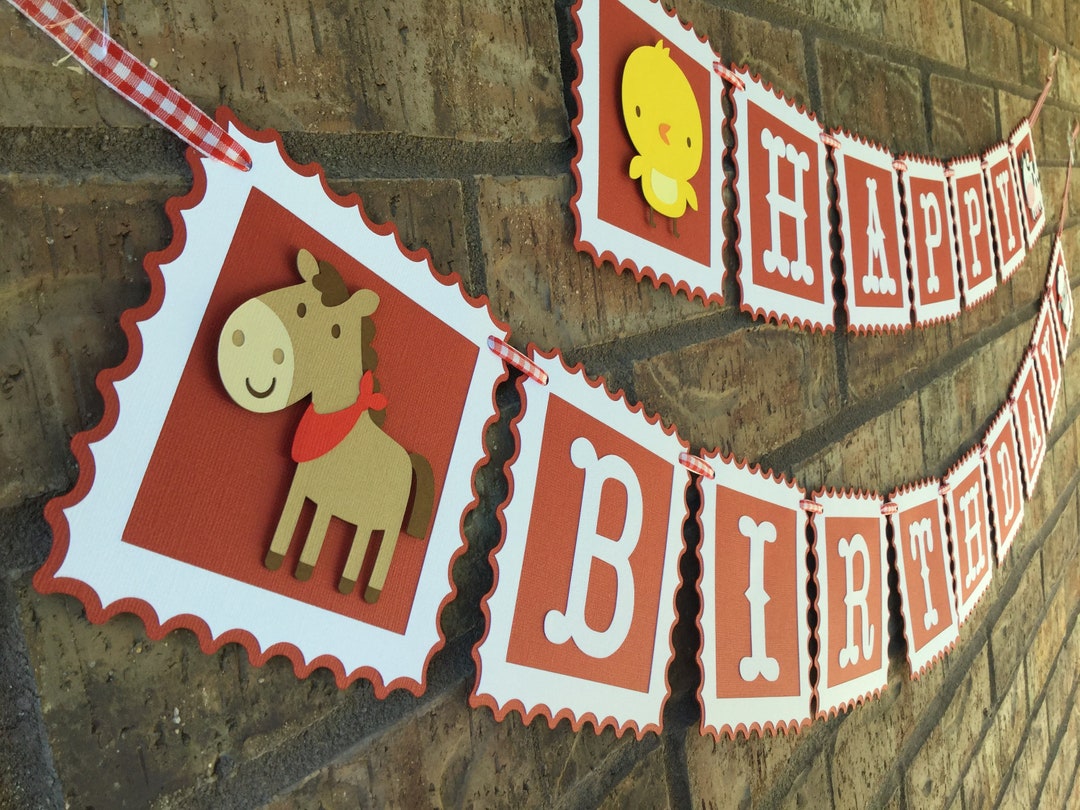 Farm Happy Birthday Banner - 15 Panel Pennant Banner With Red Barn & Animal End Pieces