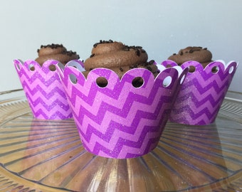 Purple Glitter Chevron Cupcake Wrappers / Purple Chevron Cupcake Wrappers / Purple Chevron Print Cupcake Wrappers / Purple Chevron Party