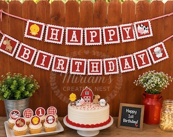 Farm Happy Birthday Banner, Barnyard Party Decorations, Old MacDonald, Down On The Farm