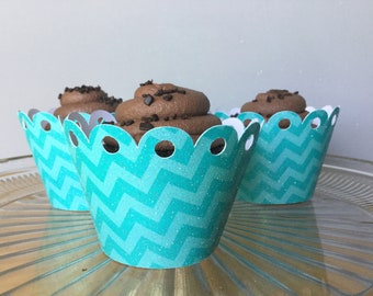 Turquoise Chevron Cupcake Wrappers / Turquoise Party Decor / Chevron Party Decor / Turquoise And Chevron Party Decor / Turquoise Babyshower