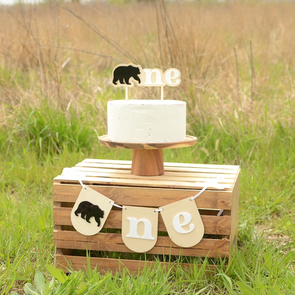 Bear Cake Topper and High Chair Banner  - forest lumberjack cake topper, bear 1st birthday cake topper