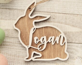 Personalized Easter Basket Tag: Engraved Wood Bunny Rabbit