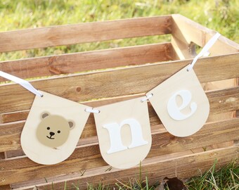 Teddy Bear 1st Birthday High Chair Banner – Baltic Birch Cake Topper