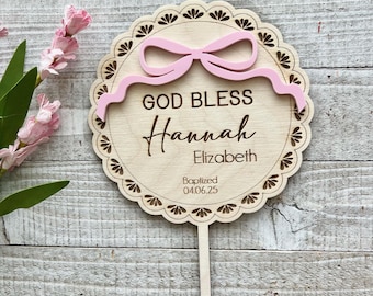 Baptism Cake Topper - Girl Baptism Celebration Religious cake topper bow cake topper Coquette Cake Topper