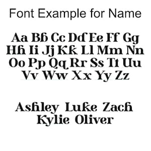 May include: A black and white image displaying a font example for names. The text includes uppercase and lowercase letters of the alphabet, followed by example names: Ashley, Luke, Zach, Kylie, and Oliver. The font is a bold serif style.