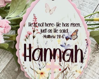 Easter Baset Tag - Scallop Easter Basket, Matthew 28 6 Verse, Christian Easter Basket Tag, Cross Easter