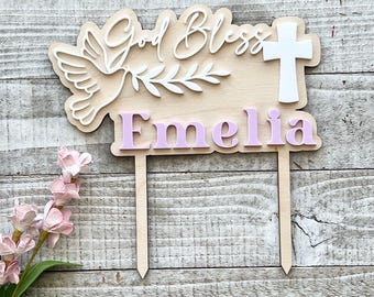 Personalized Baptism Cake Topper, God Bless, Cross & Dove