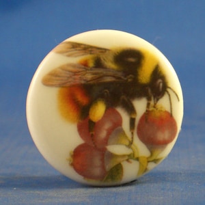 May include: A round, white ceramic cabinet knob featuring a detailed, colorful illustration of a fuzzy bumblebee perched on a cluster of small, dark red berries with green leaves. The design is centered on the smooth, circular surface.