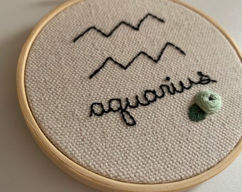 Aquarius Zodiac Floral Hand Embroidery Hoop Art