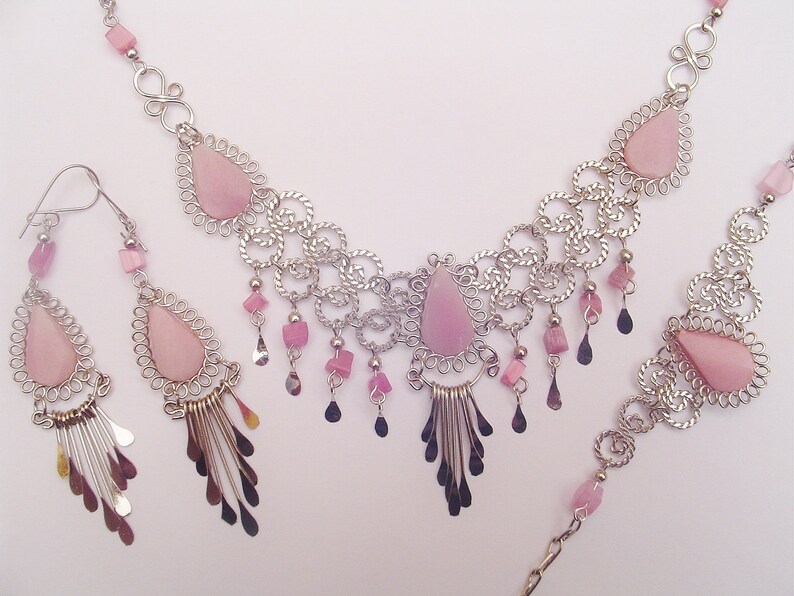 Pink Rose Quartz Teardrops Alpaca Silver Feathers Earrings Handmade in Peru Necklace Bracelet Set Peruvian Jewelry