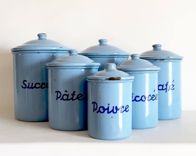 French Vintage Enamel Canisters French Kitchen Canisters French Enamelware Canisters Vintage