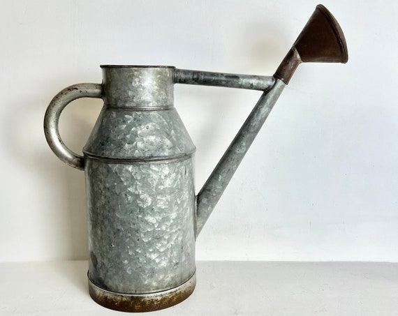 French Antique Zinc Watering Can - Medium Sized Galvanized Watering Can - 8L Can -  Rare Round Drum - French Country Garden Watering Can