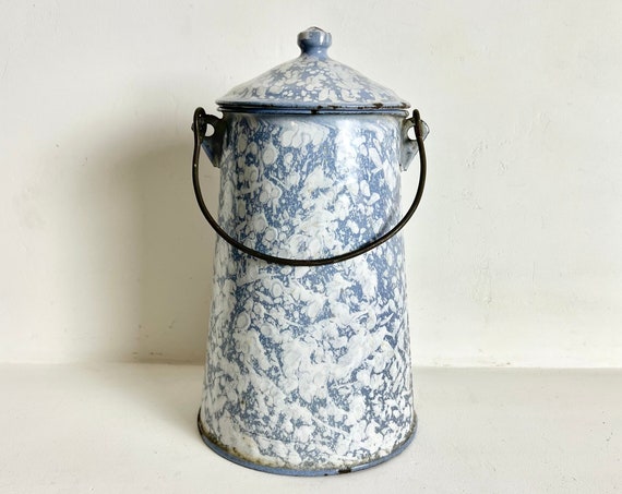 Vintage French Enamel Milk Pail - Antique Enamel Milk Canister - French Graniteware - Lavender Blue and White Snow on the Mountain