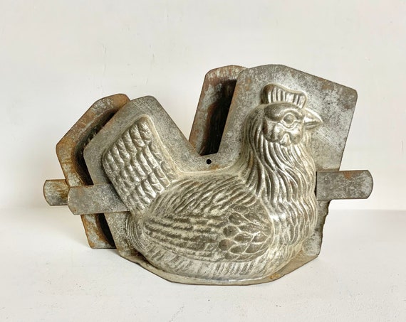 French Antique Chocolate Mold - Decorative 2 piece Mold - Chicken or Hen Shaped Mold - Rustic Decor - Tin Mold - Candy Mold