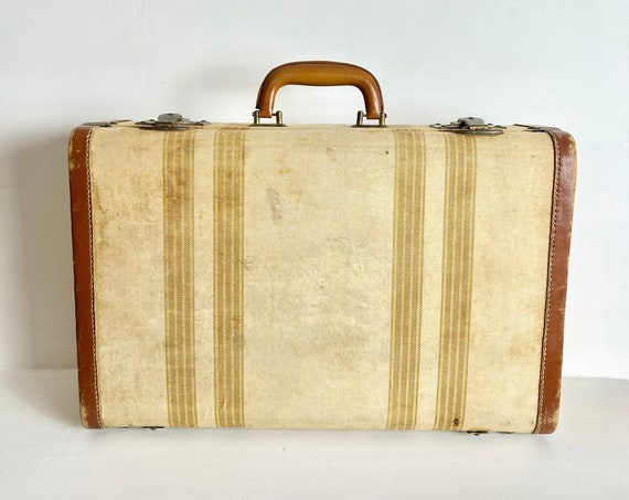 Antique French Suitcase Original Key - Canvas and Leather Suitcase - Distressed Vintage Suitcase - Antique Prop Suitcase - Vintage Luggage