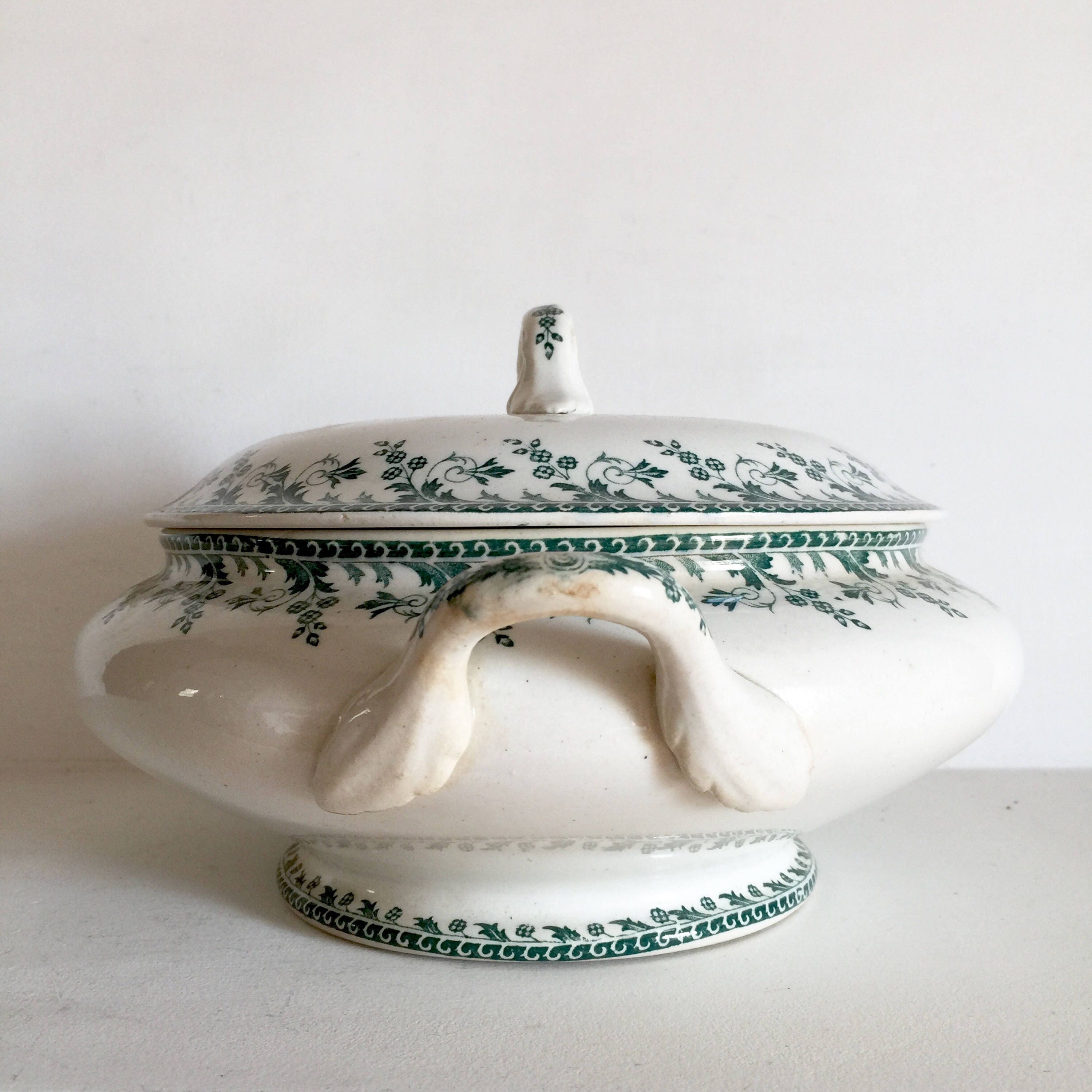 Beautiful French Antique Tureen Green Transferware Soupier Soup