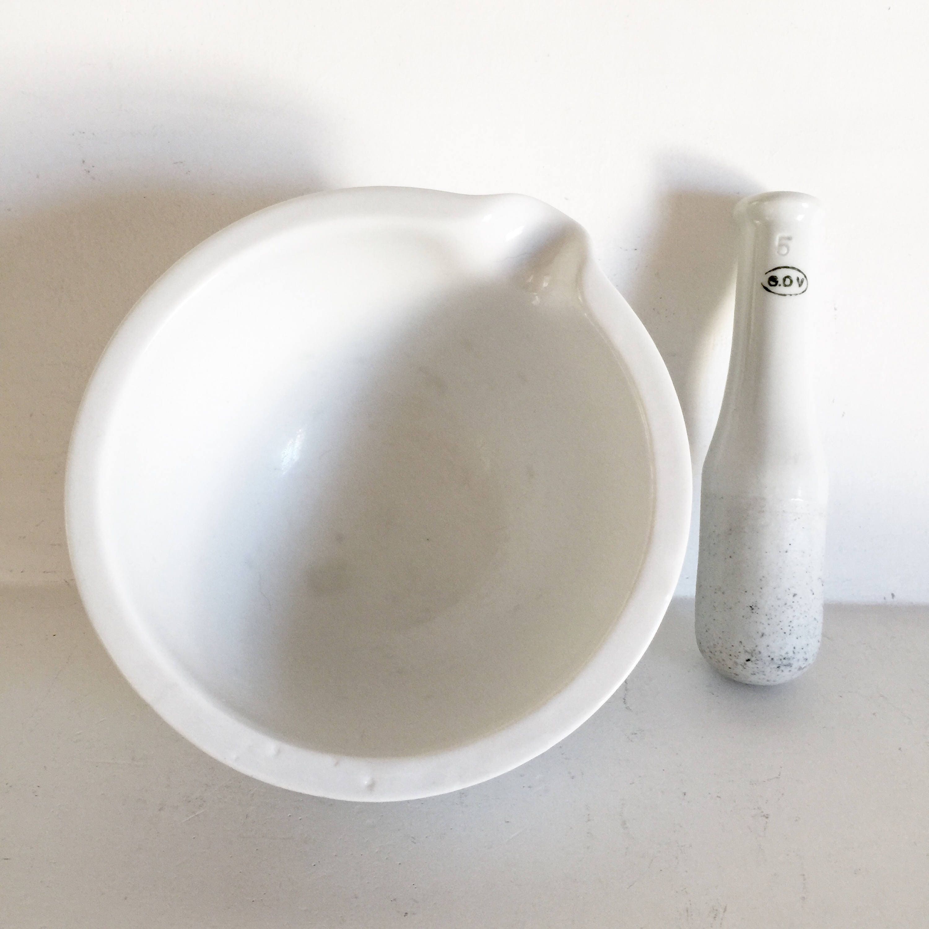 French Antique Porcelain Mortar and Pestle White Ceramic Mortar and
