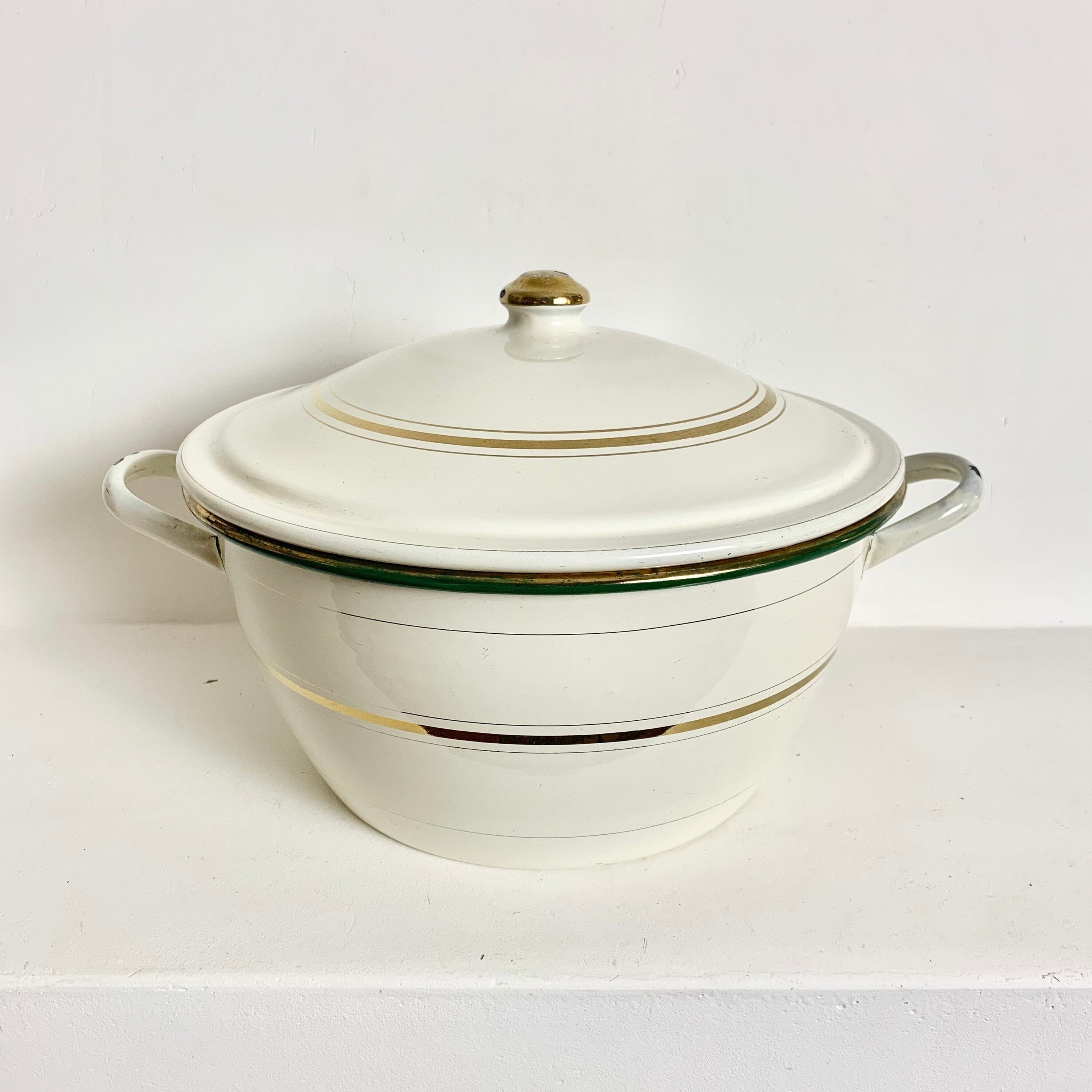 French Antique White and Gold Enamel Tureen Enamelware Casserole