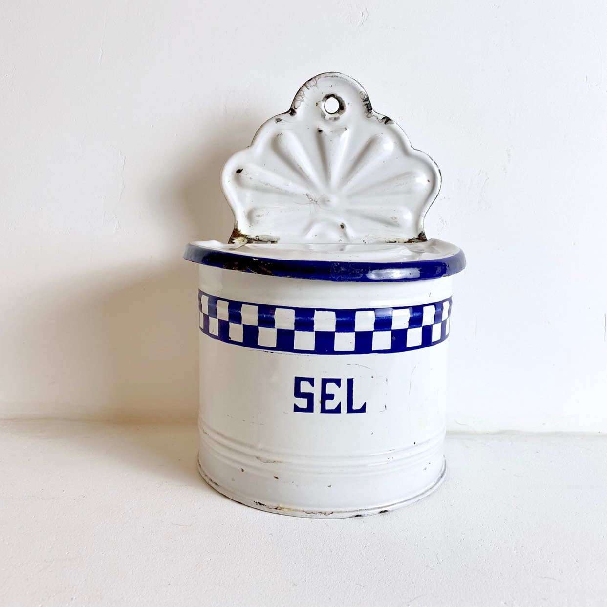 French Vintage Enamel Salt Keeper Salt Box White and Blue Check
