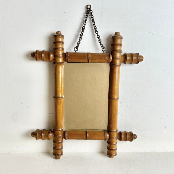 French Antique Faux Bamboo Mirror 1930's - Small French Decorative Mirror - French Vintage Turned Wood Mirror