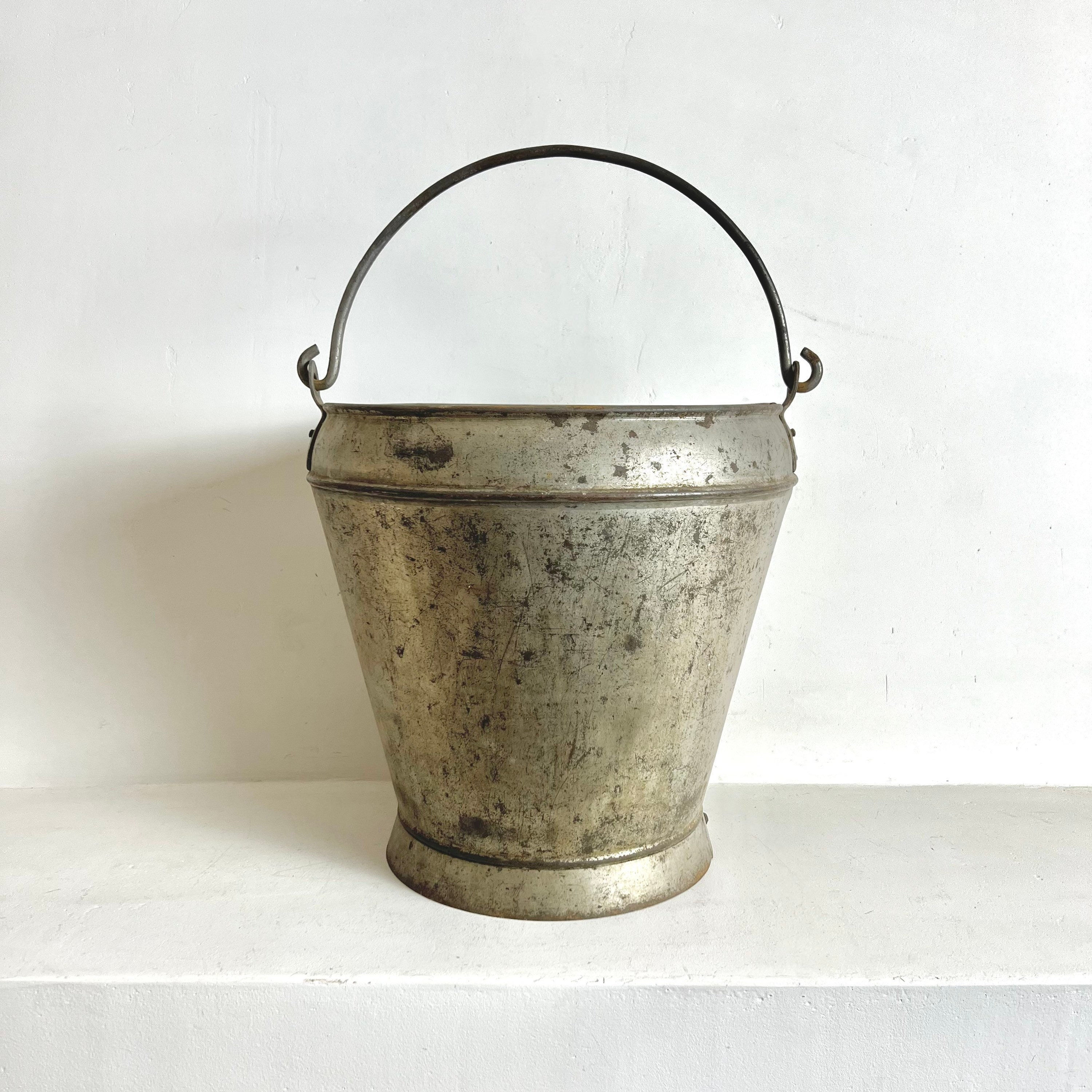 A Nice Old Vintage French Galvanized Metal Well Bucket With Ring Handle