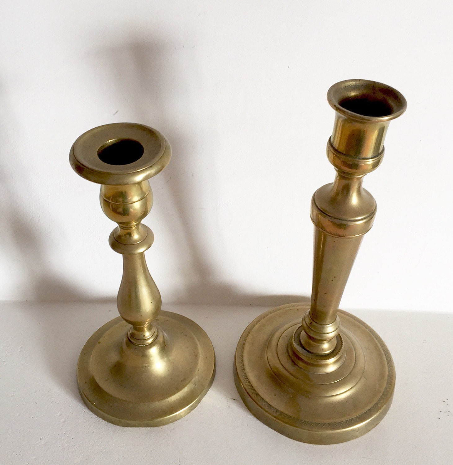 French Antique Brass Candlestick Holders Mismatch Set of 2 Mixed