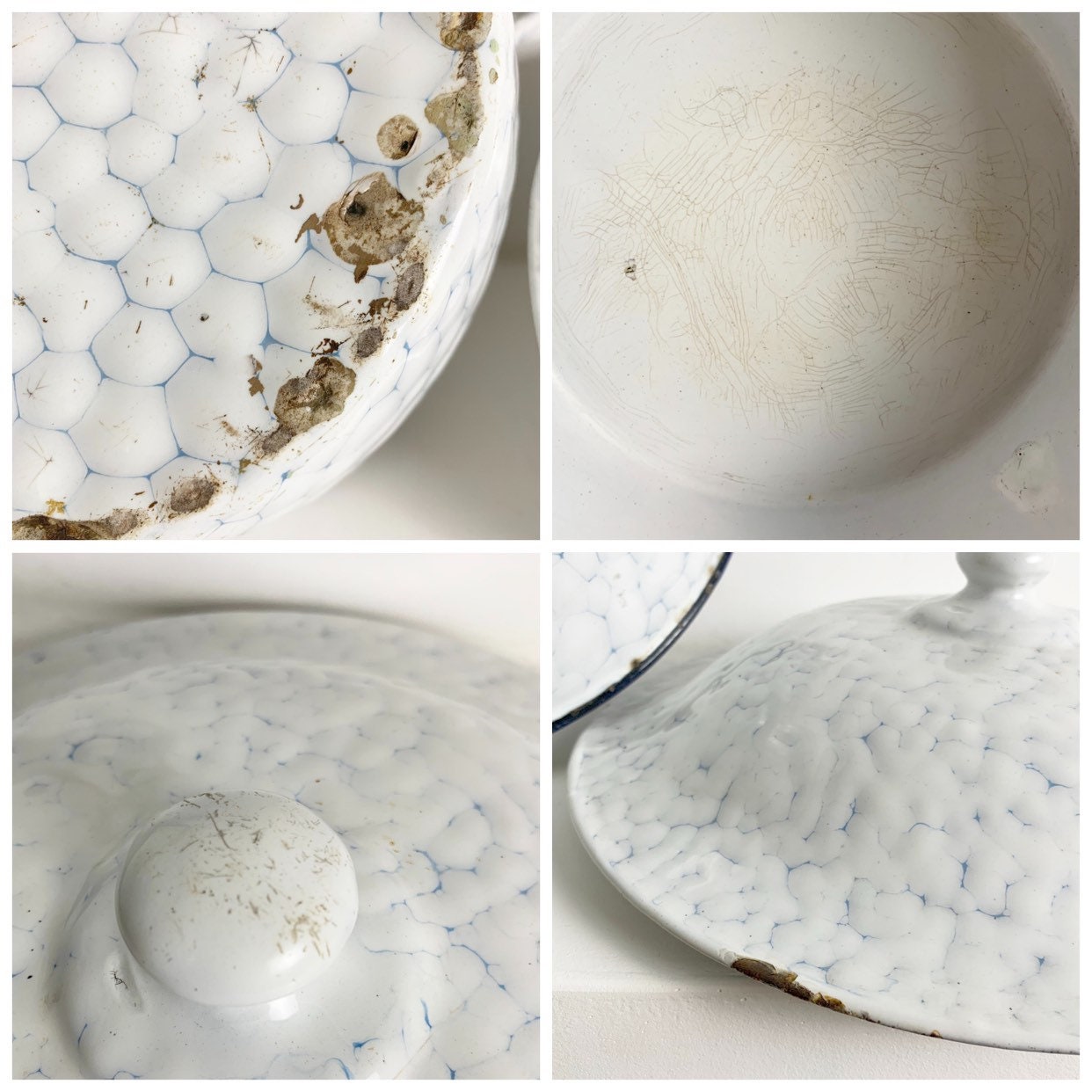 French Antique White Chicken Wire Enamel Tureen White Enamelware