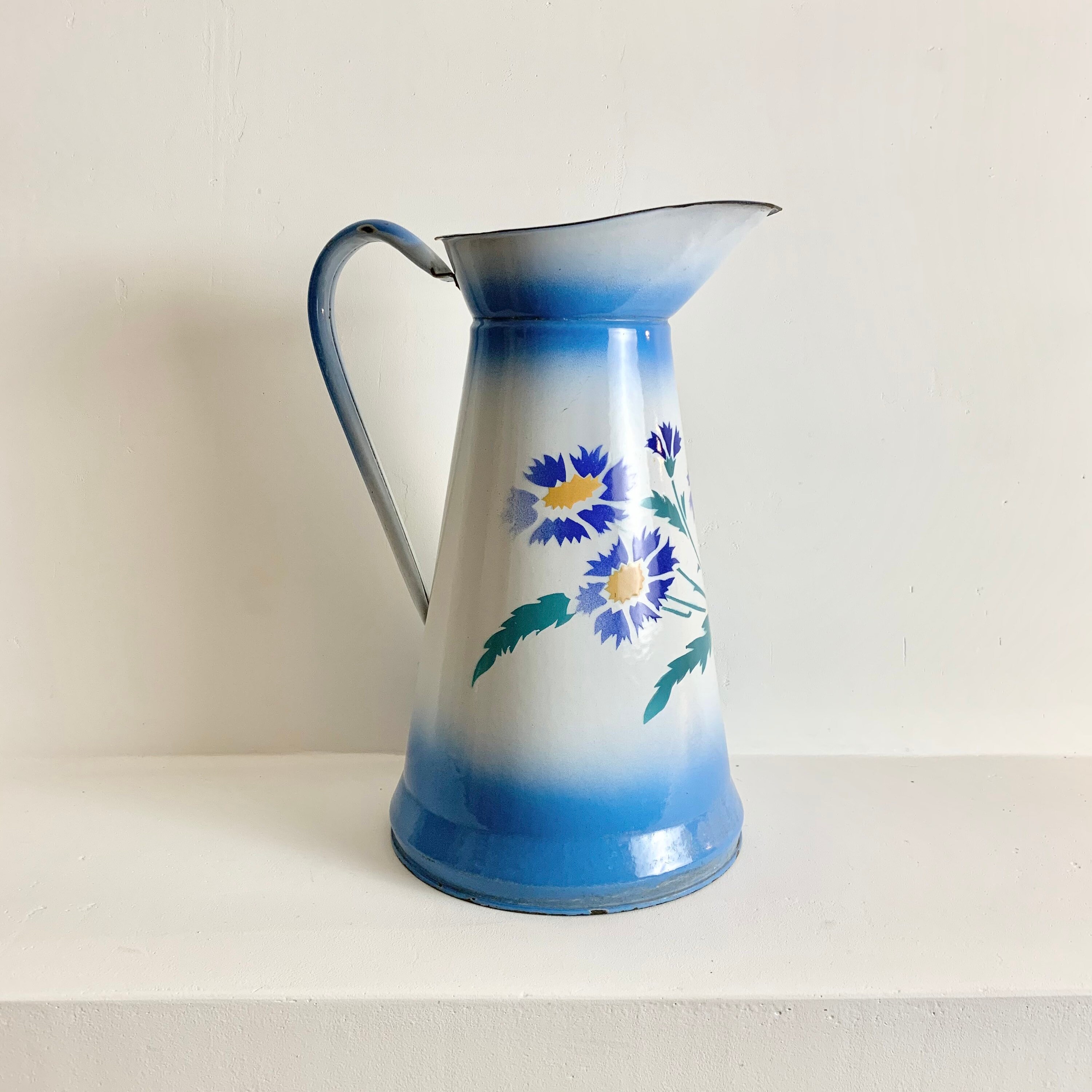 French Antique Enamel Pitcher Floral Enamel Pitcher Blue and Green Rare Enamel Pitcher