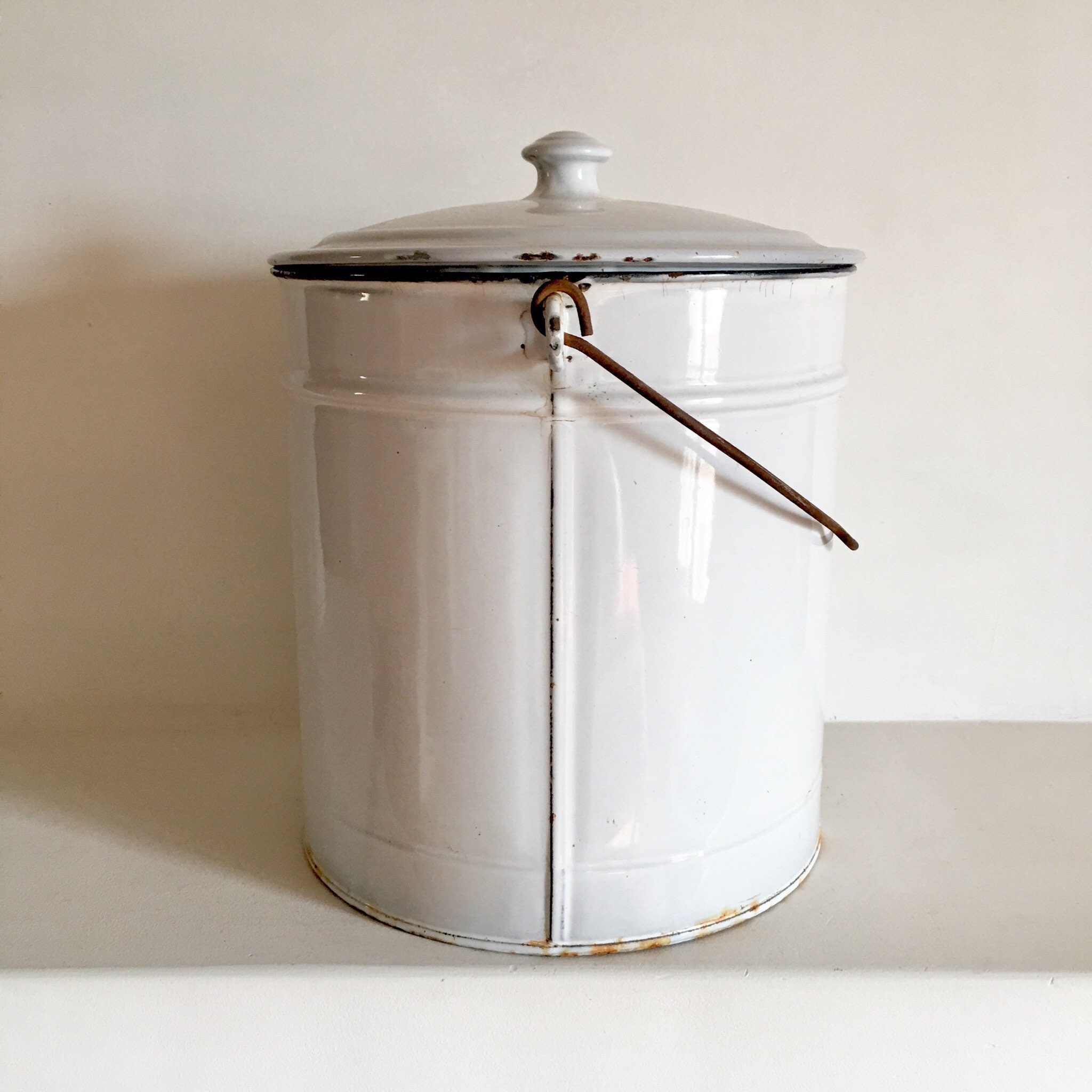 French Vintage Enamel Bucket with Lid White Enamelware Bucket