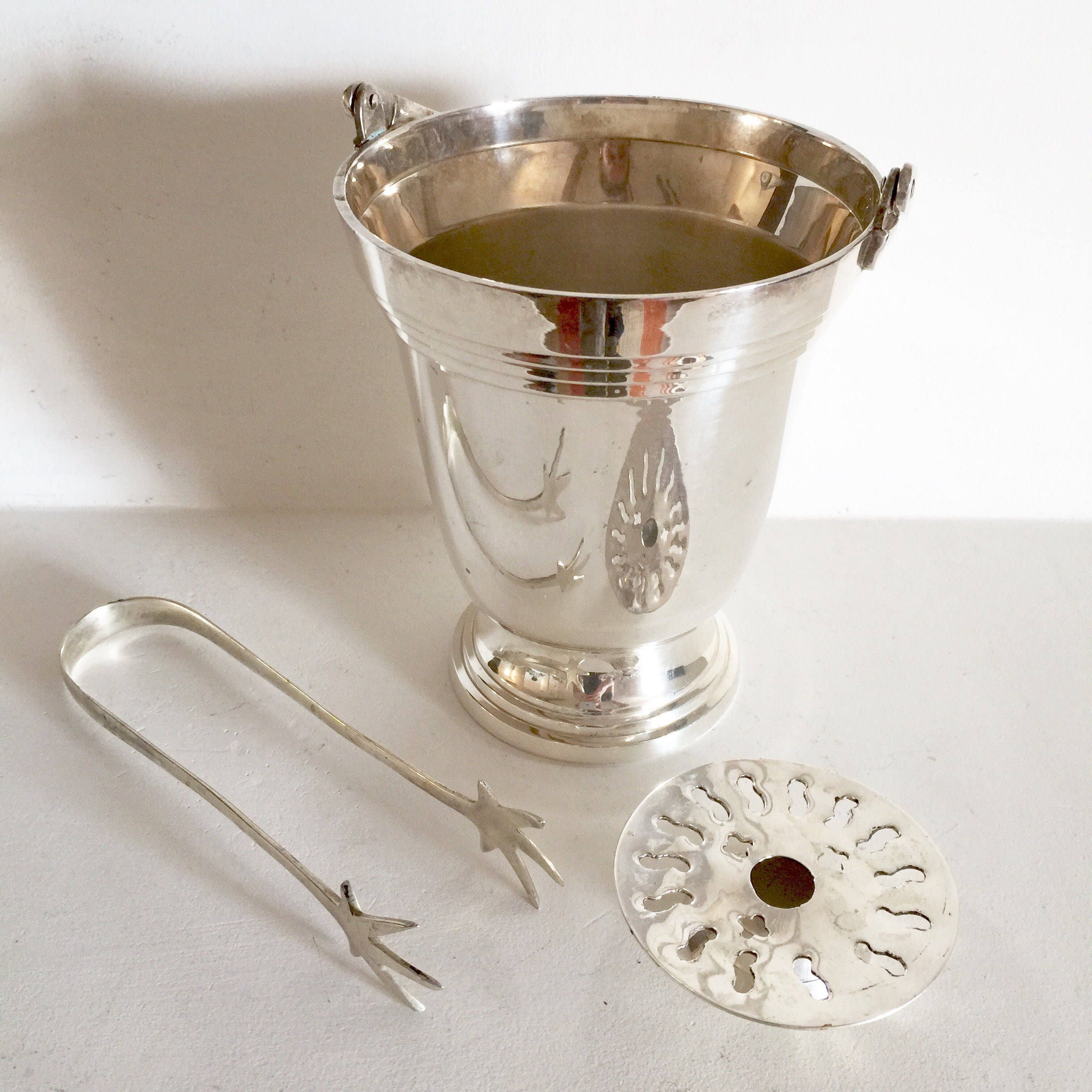 French Vintage Ice Bucket with Ice Tongs Classic Simple Silver Ice