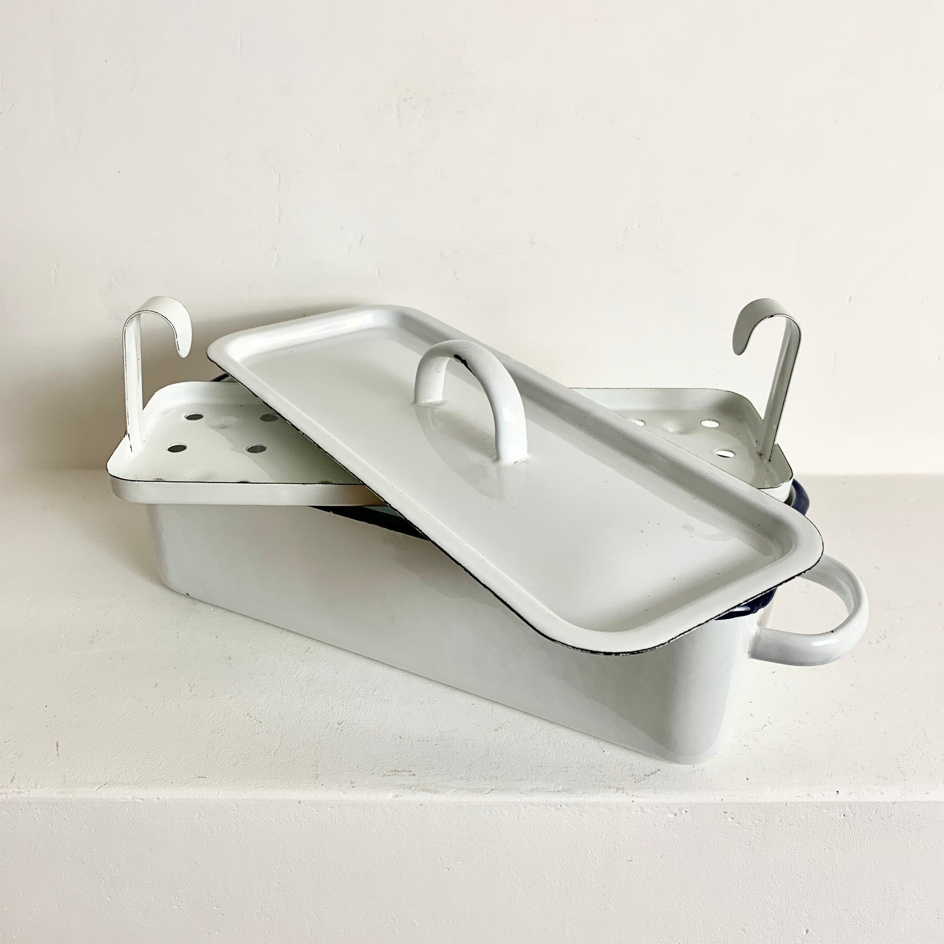 French Vintage White Enamelware Fish Poacher Fish Cooker Fish
