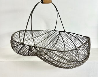 Rare French Antique Wire Oyster Basket - Oval Basket - Wire Buttocks Basket - Harvesting Basket - Galvanized Wire Basket