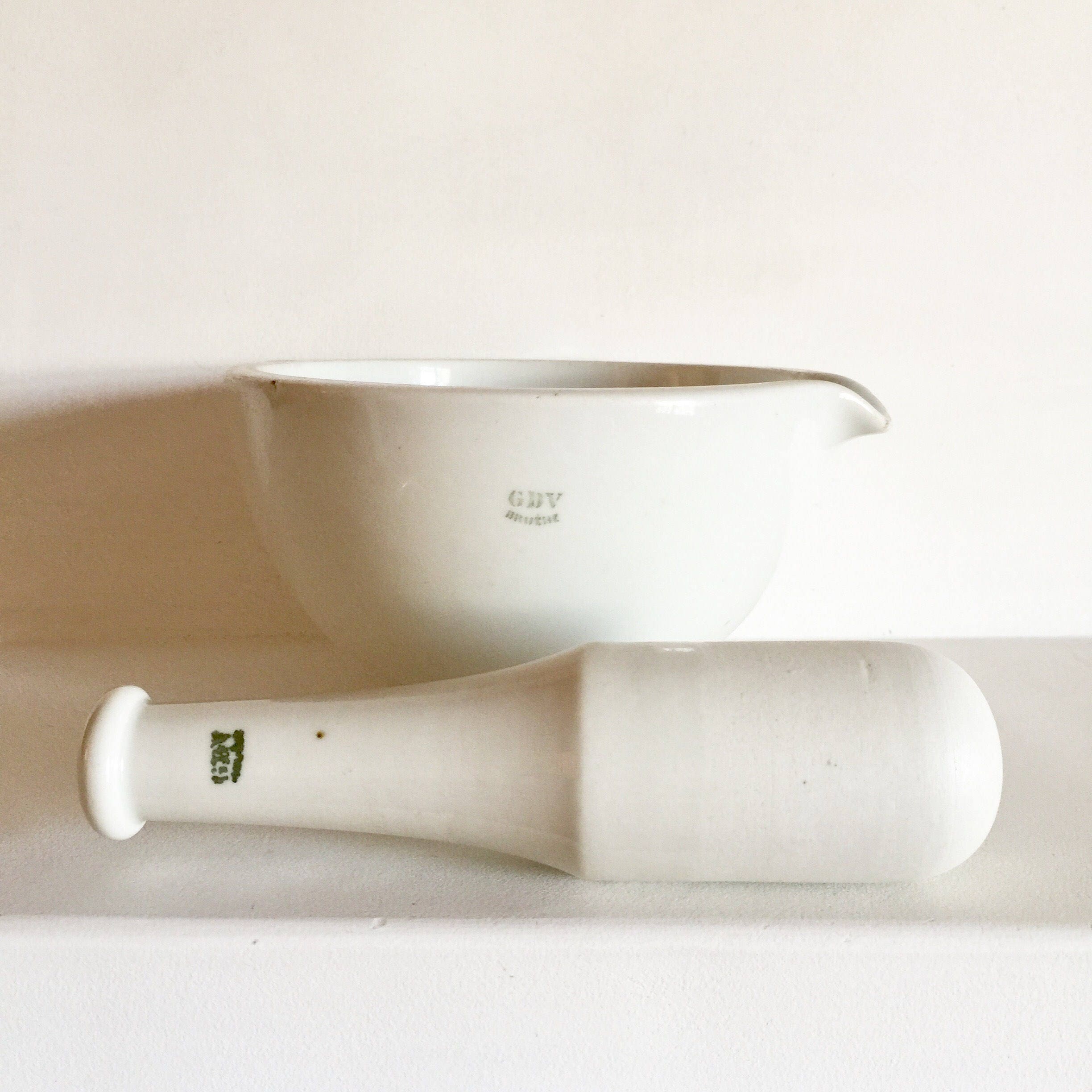 Large French Antique Porcelain Mortar and Pestle White Ceramic Mortar