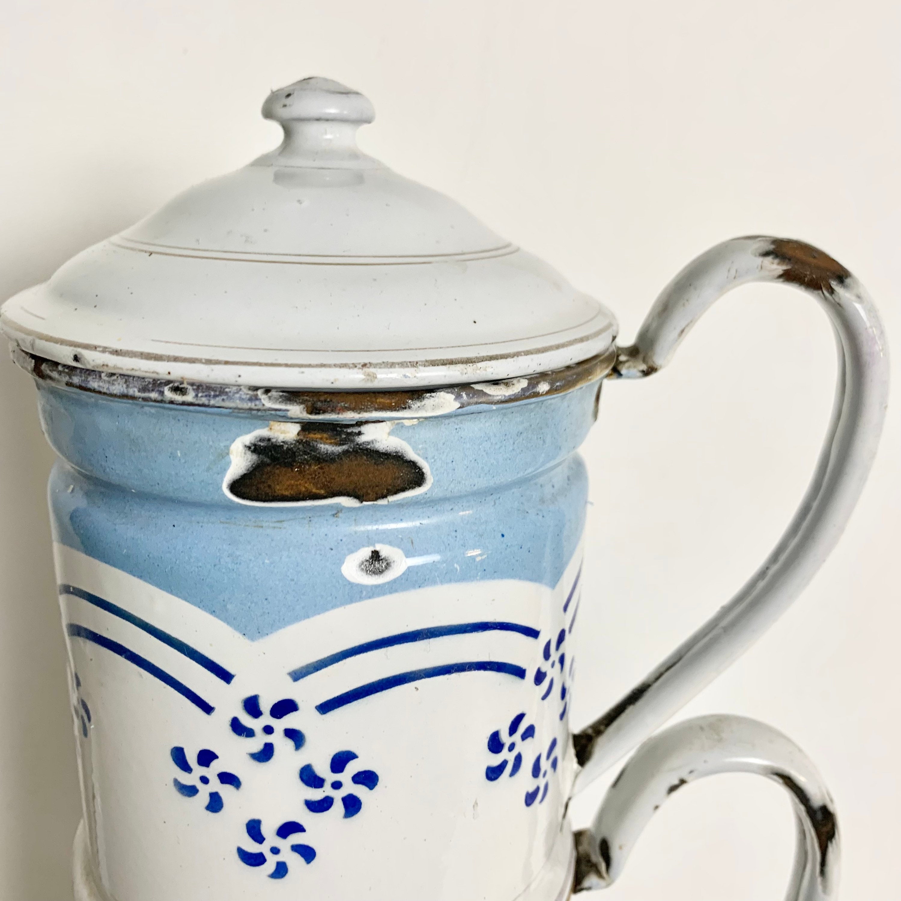 Rare French Antique Enamel Coffee Pot Collectible Decorative