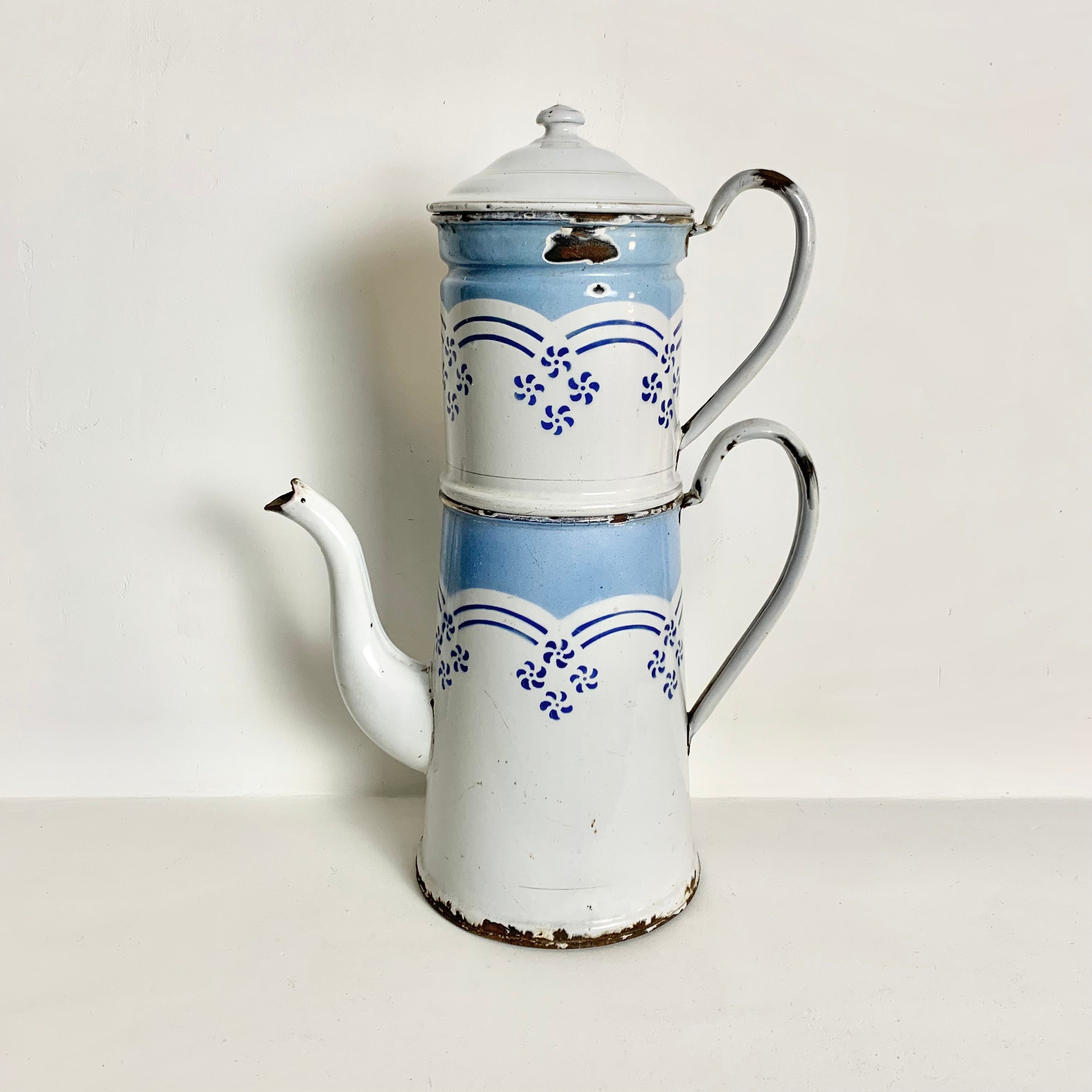 1950s French Enamel Stove Top Coffee Pot Blue Coffee Percolator Blue Rustic  Coffee Biggin French Country Cafetiere 