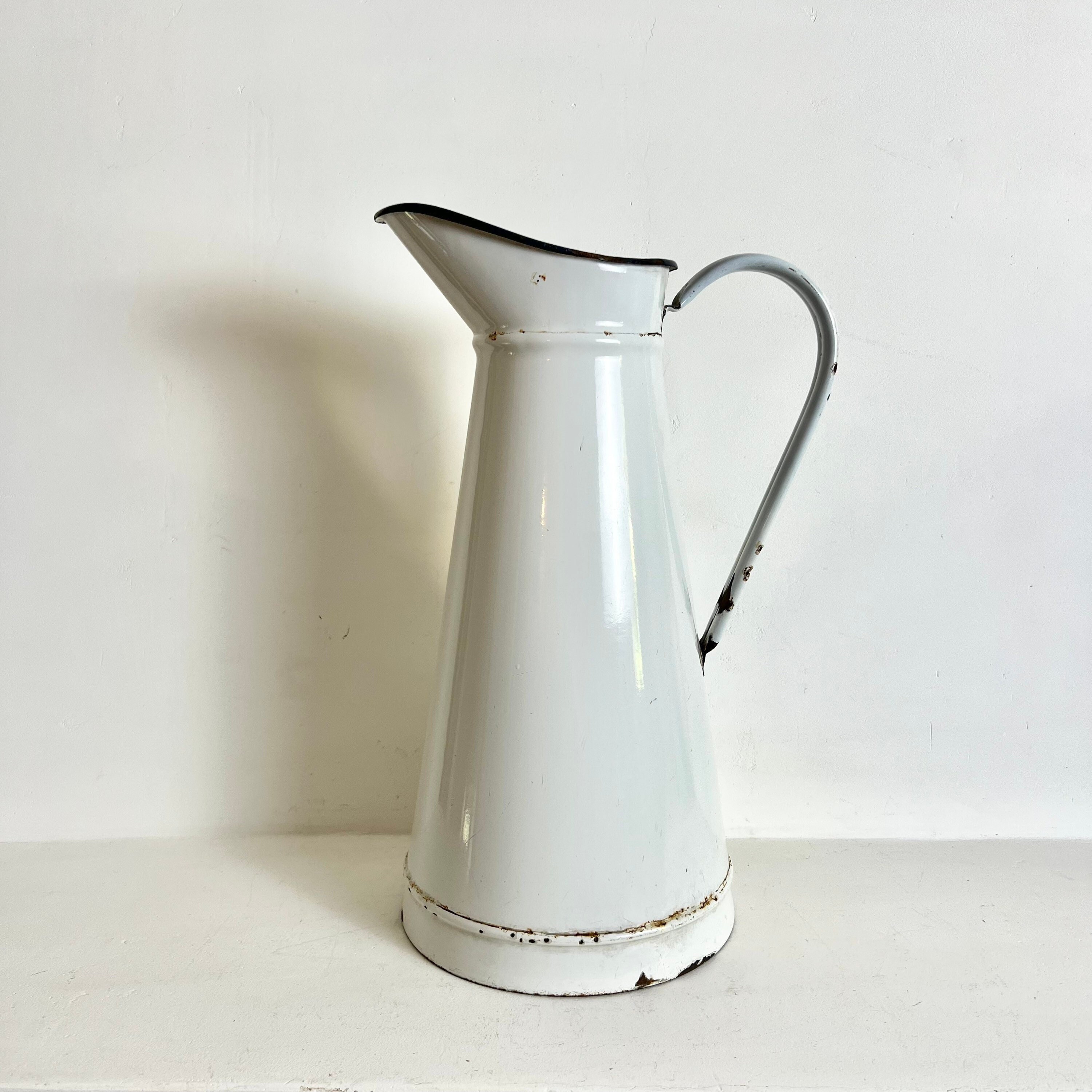 French Vintage Enamel Pitcher Enamelware Jug White Enamelware