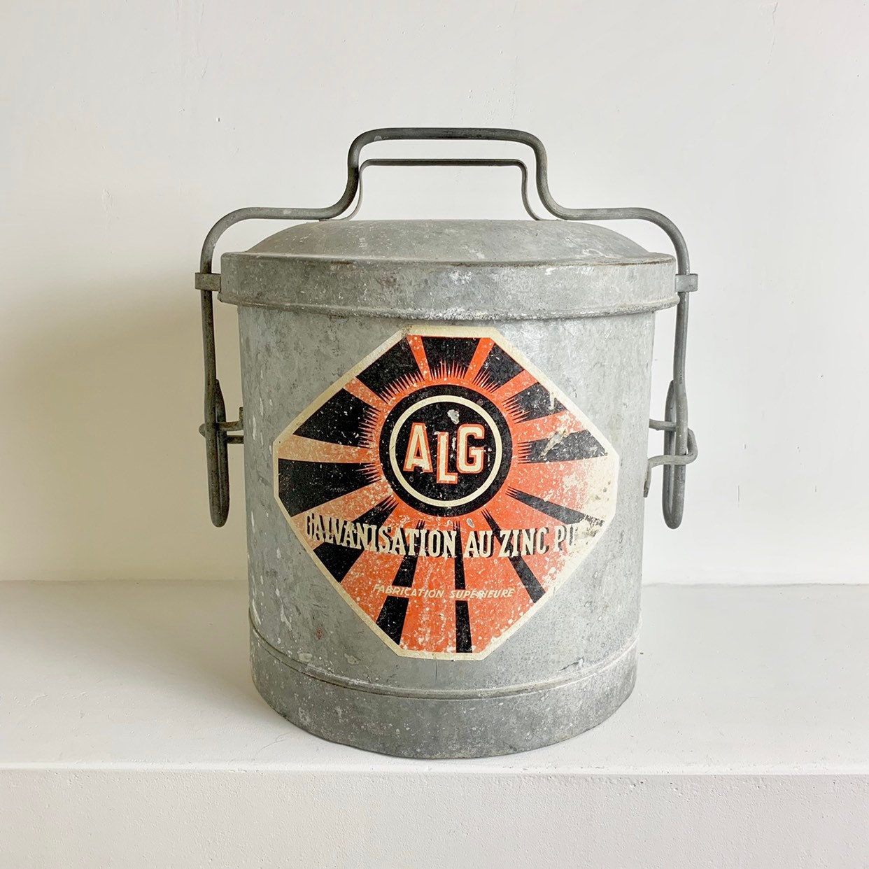 Rare French Antique Zinc Bucket with Original Publicity Label ALG
