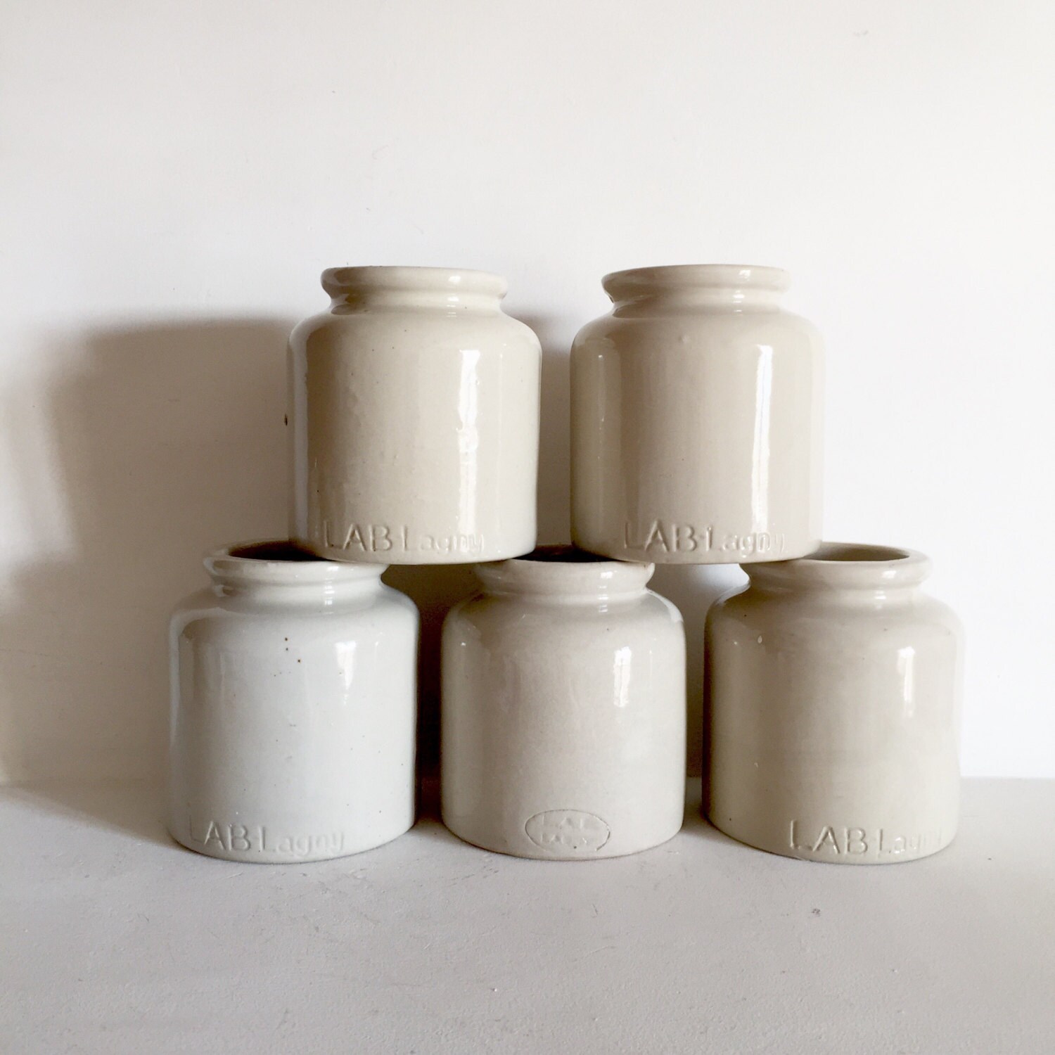 French Vintage Stoneware Mustard Jars - LAB Lagney Mustard Jars