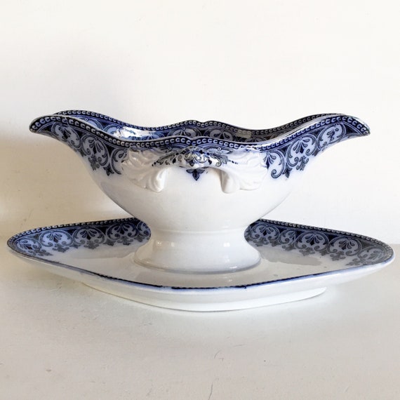French Antique Gravy Boat - Shabby Chic Sauce Boat - Blue and White Transferware - French Antique Table - Saucier