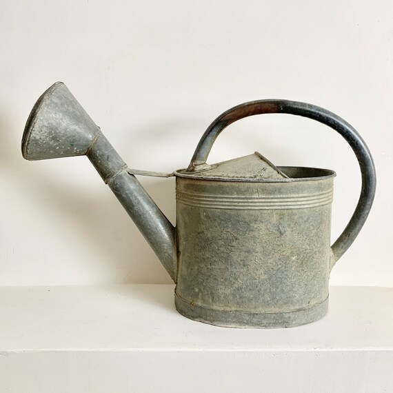 French Antique Zinc Watering Can with Large Rose Head - Galvanized Watering Can - French Country Garden Watering Can