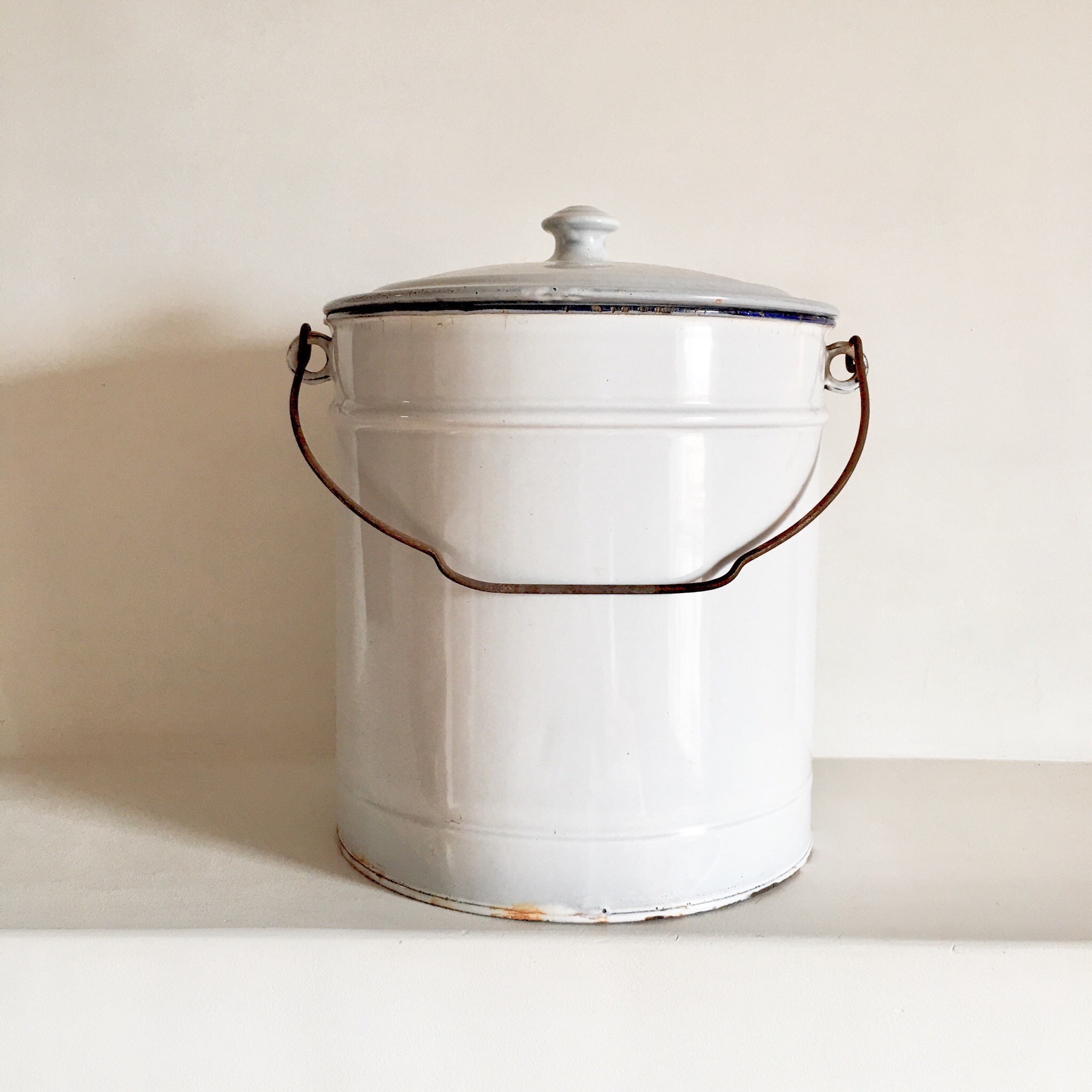 French Vintage Enamel Bucket with Lid White Enamelware Bucket