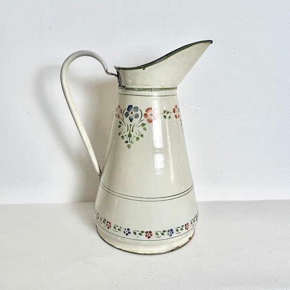 French Antique Enamel Pitcher - Art Nouveau Enamel Pitcher - Green Vine with Blue and Red Pansies - Rare Enamel Pitcher