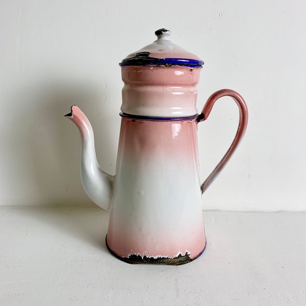 French Vintage Pink Enamelware Coffee Pot Cafetière Decorative Pink