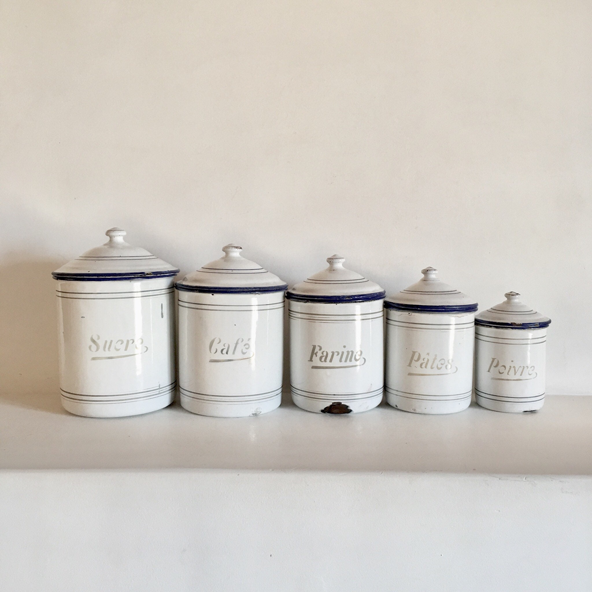 French Enamel Canister Set Set of 5 White Enamel Canisters