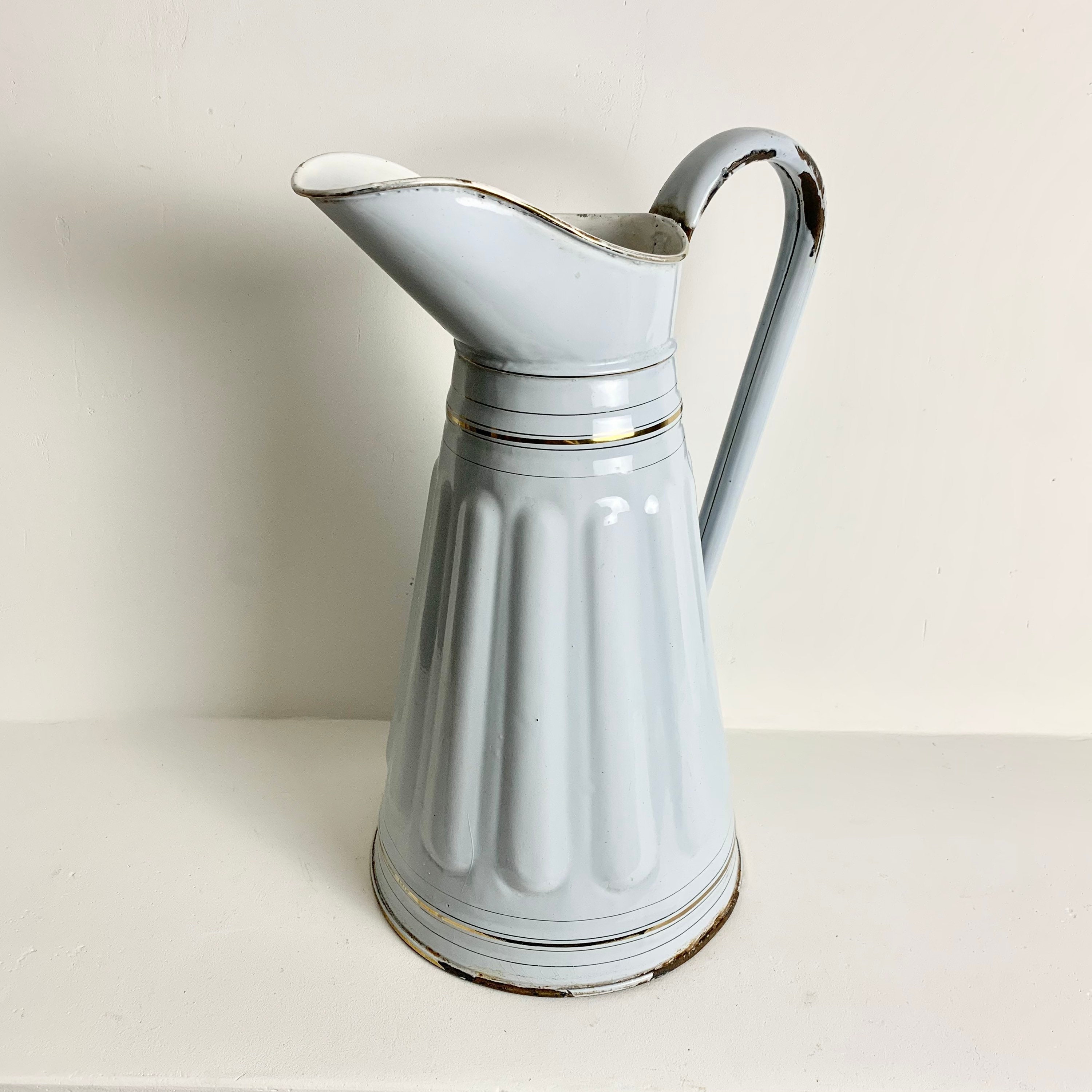 French Antique White Fluted Enamel Pitcher Enamelware Jug White