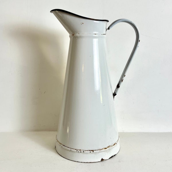 French Vintage Enamel Pitcher - Enamelware Jug - White Enamelware Pitcher - Enamel Vase - French Decor - French Enamelware Vase