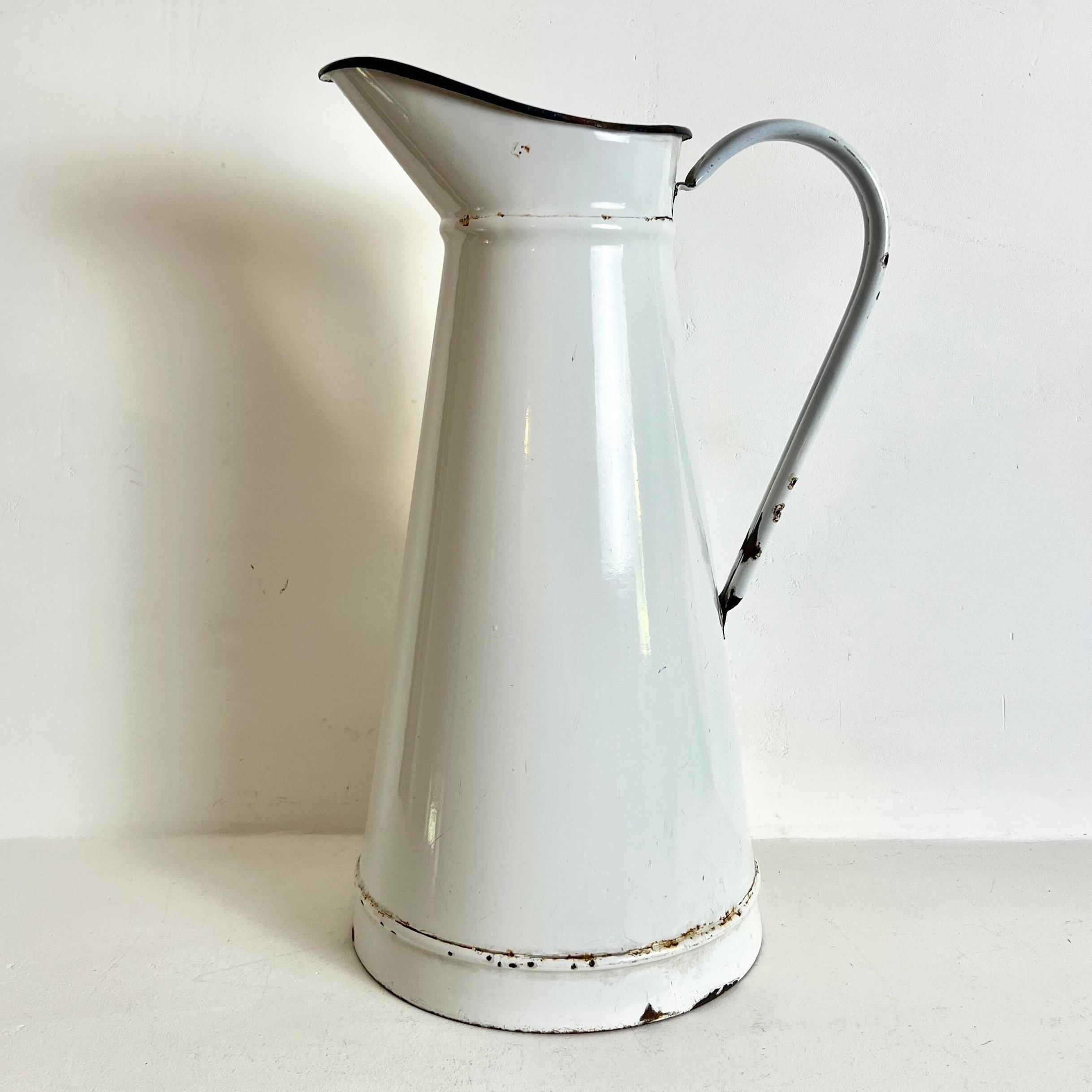 French Vintage Enamel Pitcher Enamelware Jug White Enamelware