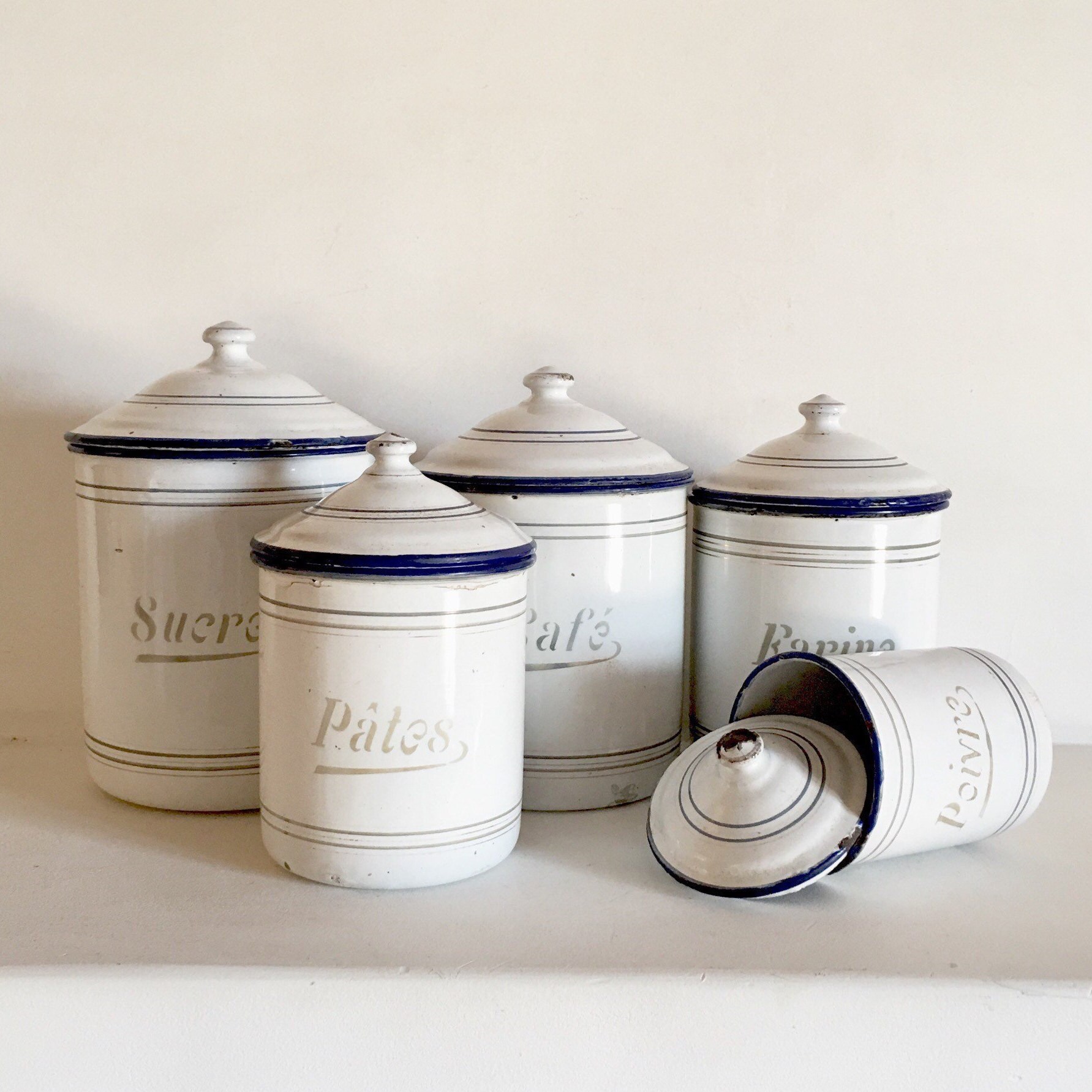 French Enamel Canister Set Set of 5 White Enamel Canisters